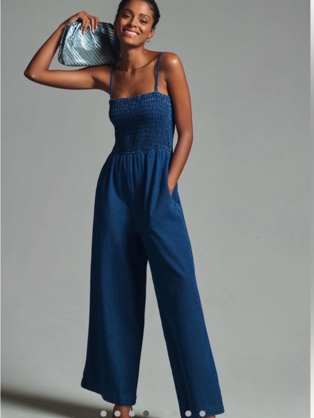 Pilcro Navy Smocked Wide-Leg Jumpsuit